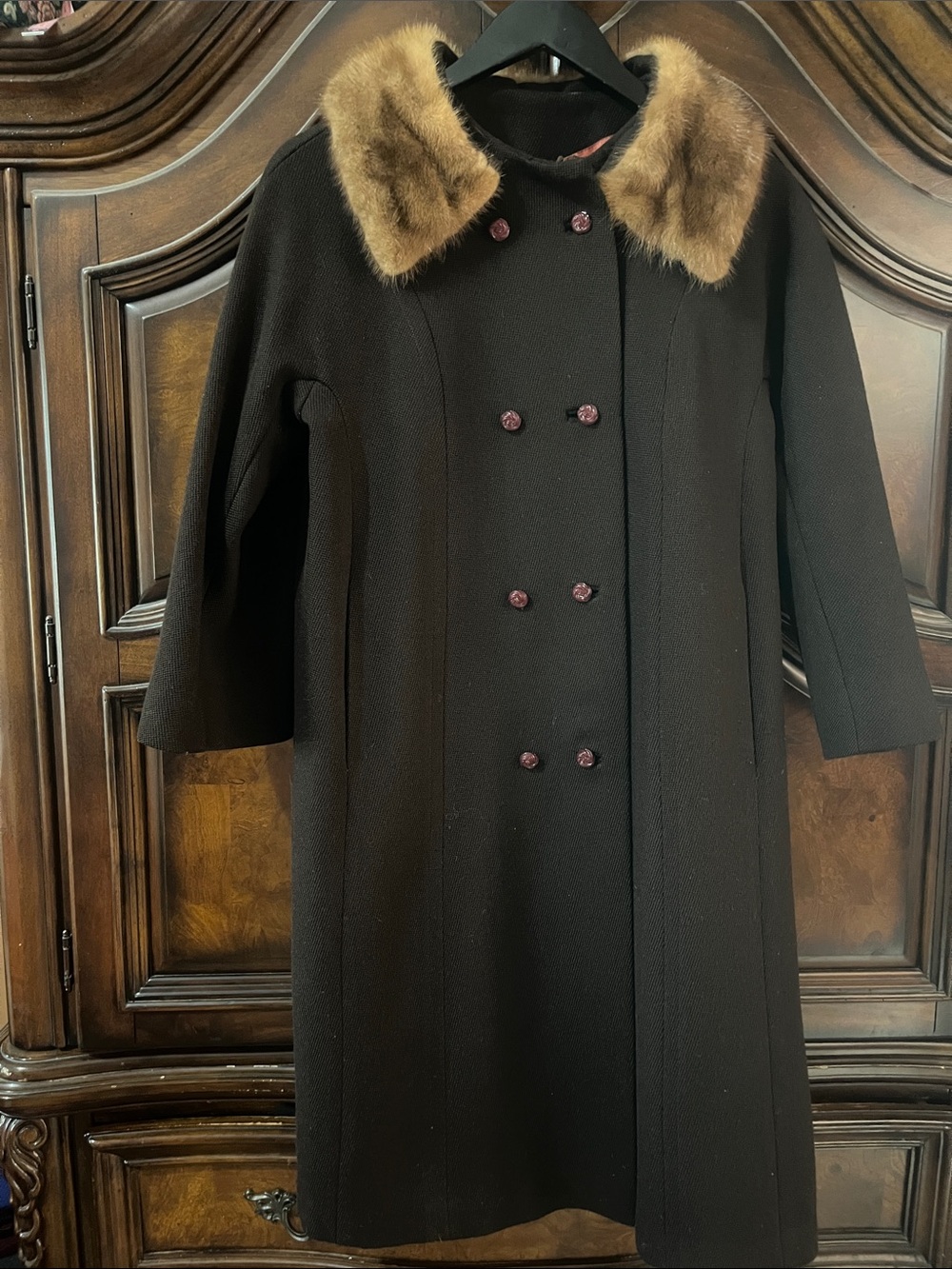 Women's Black Double-Breasted Pea Coat with Brown Fur Collar